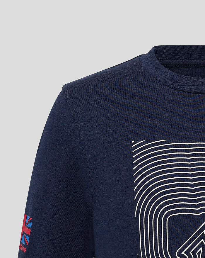 Navy Silverstone Junior Core T‑Shirt with white geometric print on the chest and a Union Jack patch on the sleeve
