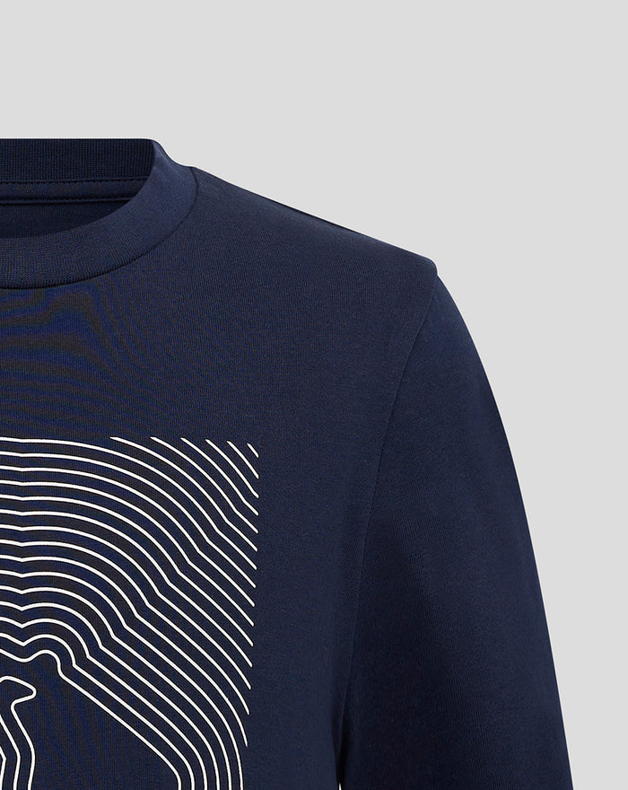 Front view of navy Silverstone Junior Core T‑Shirt with a white curved line art print on the chest