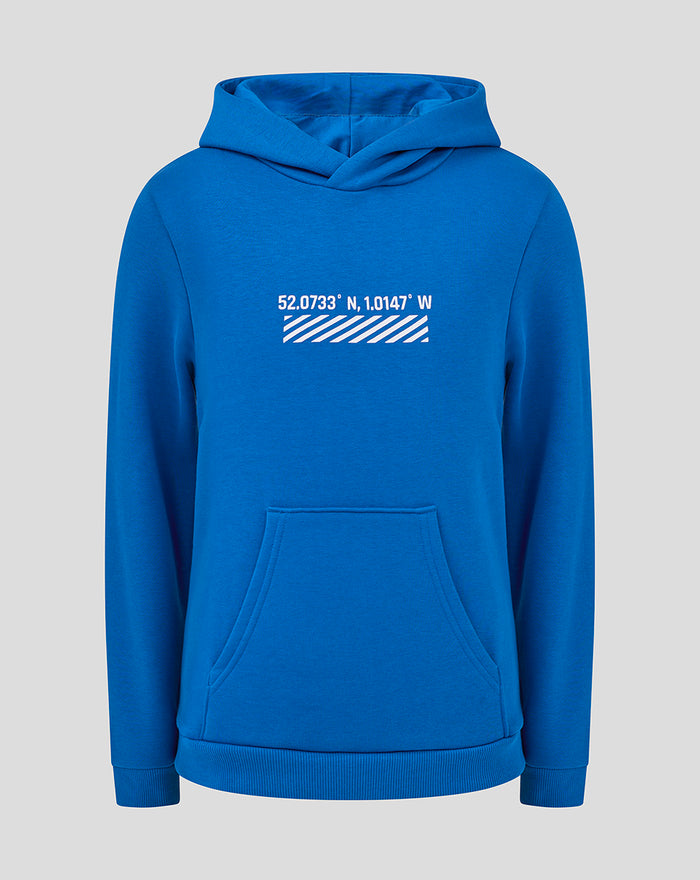 Bright blue Silverstone Junior Hoodie featuring coordinates print and a striped bar on the chest with a front pocket