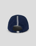 Rear view of navy Junior Silverstone Core Cap showing adjustable strap and striped inner lining through the back opening.