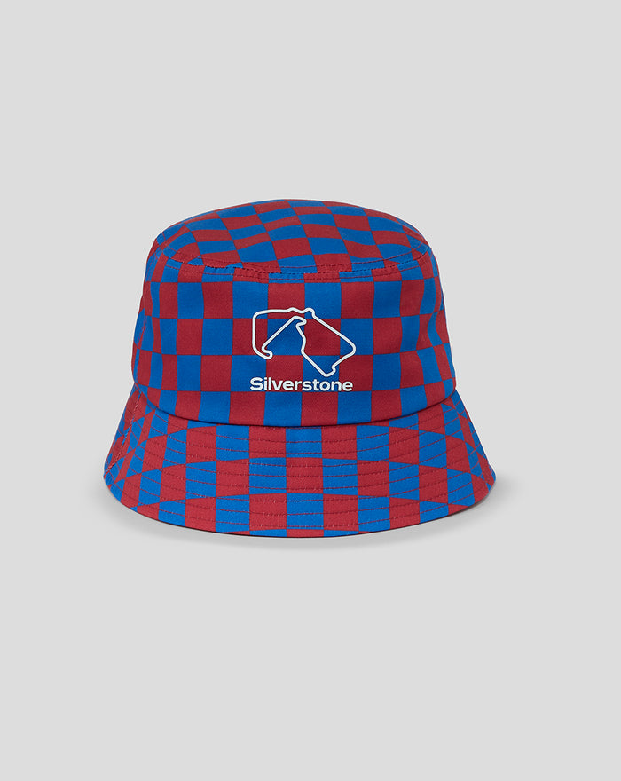 Red and blue checkered bucket hat with Silverstone logo embroidery