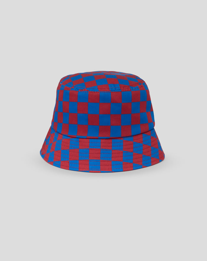 Silverstone bucket hat featuring a red and blue checkered pattern on the crown