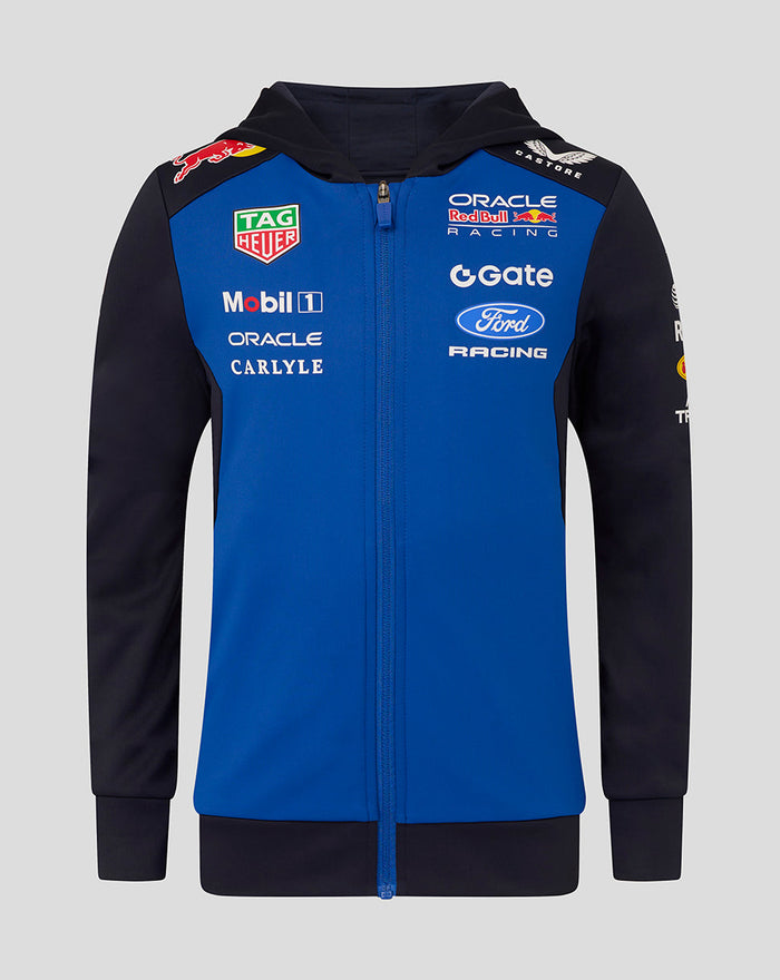 Front view of a night sky blue and black Oracle Red Bull Racing juniors teamline full zip hoodie with sponsor logos on chest and sleeves