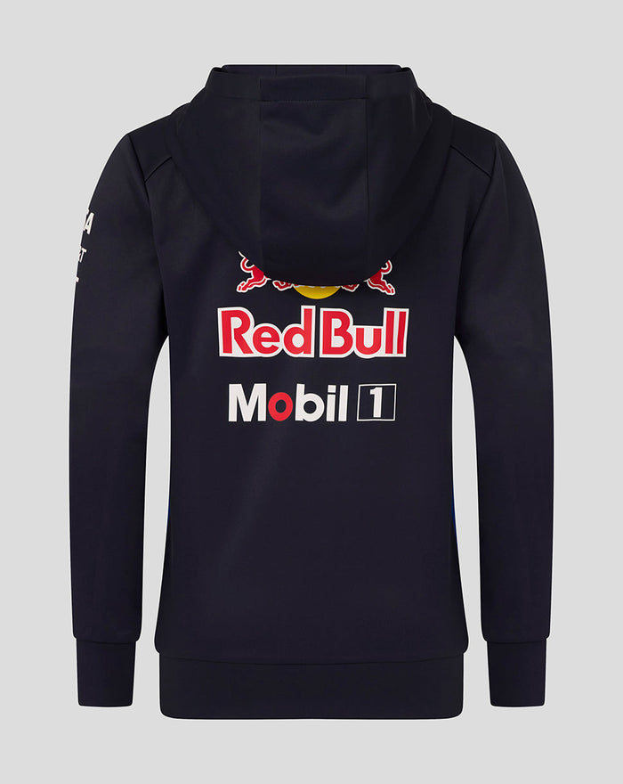 Back view of a navy Oracle Red Bull Racing Teamline hoodie with a large Red Bull logo and Mobil 1 branding