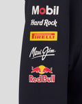 Close up of the hoodie sleeve showing stacked sponsor logos Mobil 1 Hard Rock Pirelli Maui Jim and Red Bull