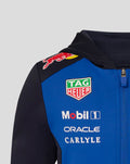 Shoulder close-up of blue and black hoodie with sponsor logos TAG HEUER Mobil 1 Oracle Carlyle and Ford Racing