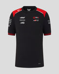 Front view of Official Haas Team Junior Driver T-Shirt in black with red shoulder panels and sponsor logos