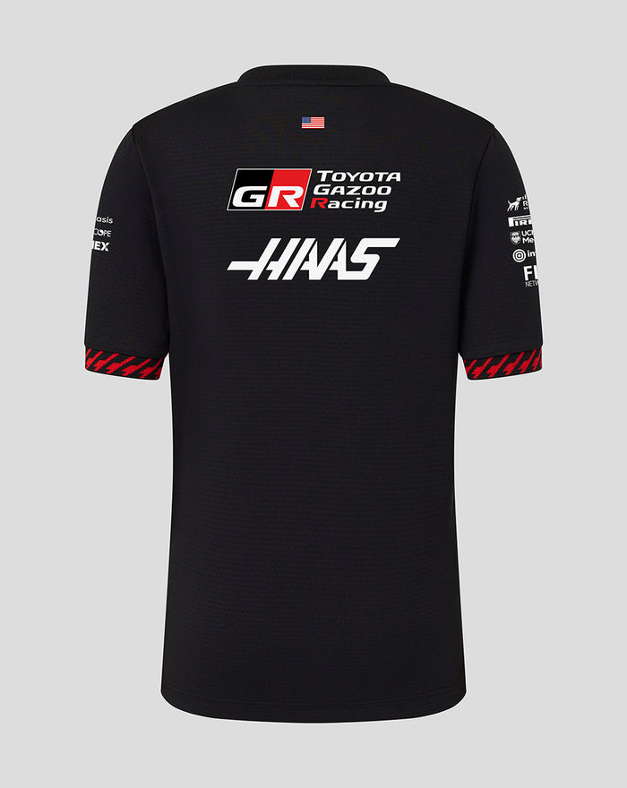 Back view of Official Haas Team Junior Driver T-Shirt with large Haas logo and multiple sponsor decals