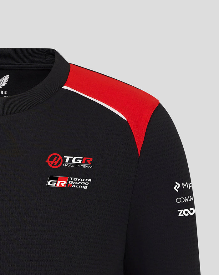Midsection view of Official Haas Team Junior Driver T Shirt featuring TGR Haas F1 Team and Toyota Gazoo Racing logos on the chest