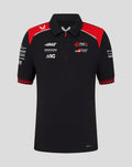 Front view of Official Haas Team Junior Short Sleeve Polo Shirt with concealed zip placket red shoulder panels and sponsor logos