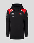 Official Haas Team Junior Pullover Hoodie front view in black with red shoulder panels and team logos