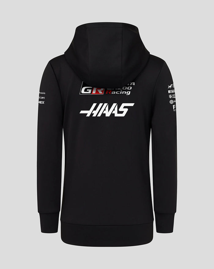 Back view of the Official Haas Team Junior Pullover Hoodie showing a large HAAS logo and sponsor decals
