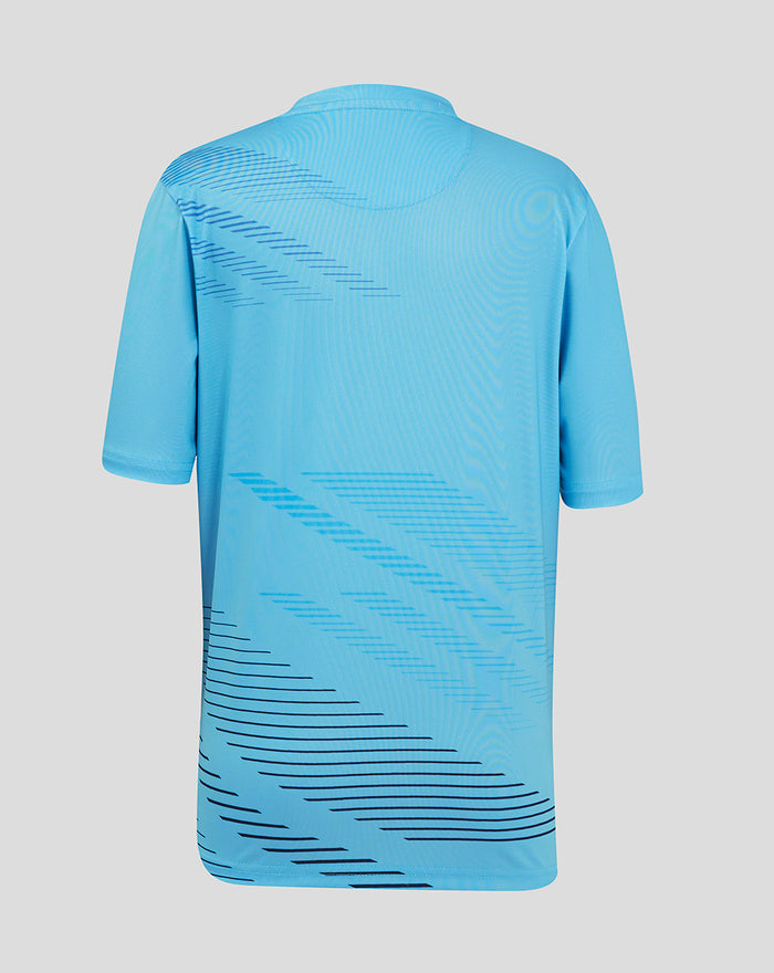 Back view of a Cabana Blue Junior Silverstone x Castore sublimated T-shirt with diagonal graphic lines.