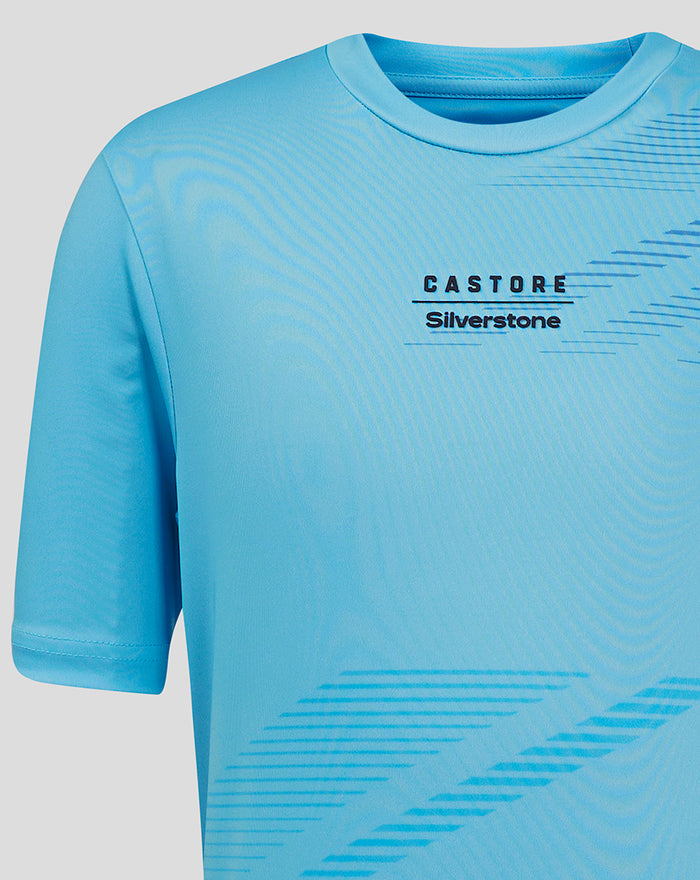 Close up of chest area on a Cabana Blue sublimated T-shirt with Castore Silverstone branding.