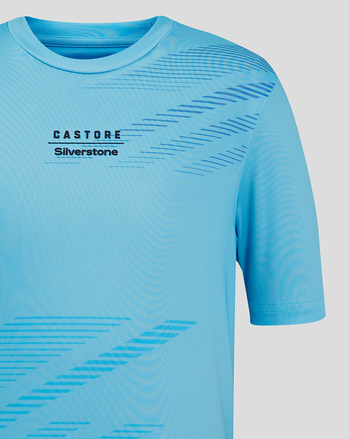 Close up of upper chest on a Cabana Blue shirt showing the Castore Silverstone logo and diagonal graphic pattern.