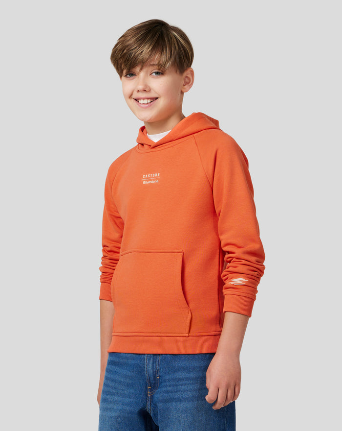 Young model in orange rust hoodie with chest logo and front pocket against light background