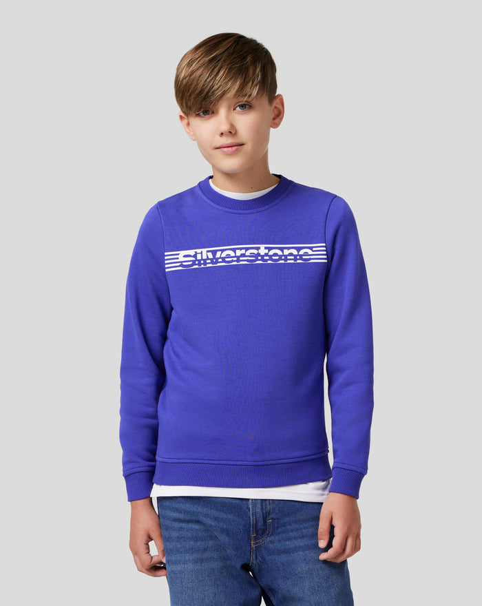 Junior Silverstone Core Sweatshirt in royal blue with white chest print, front view