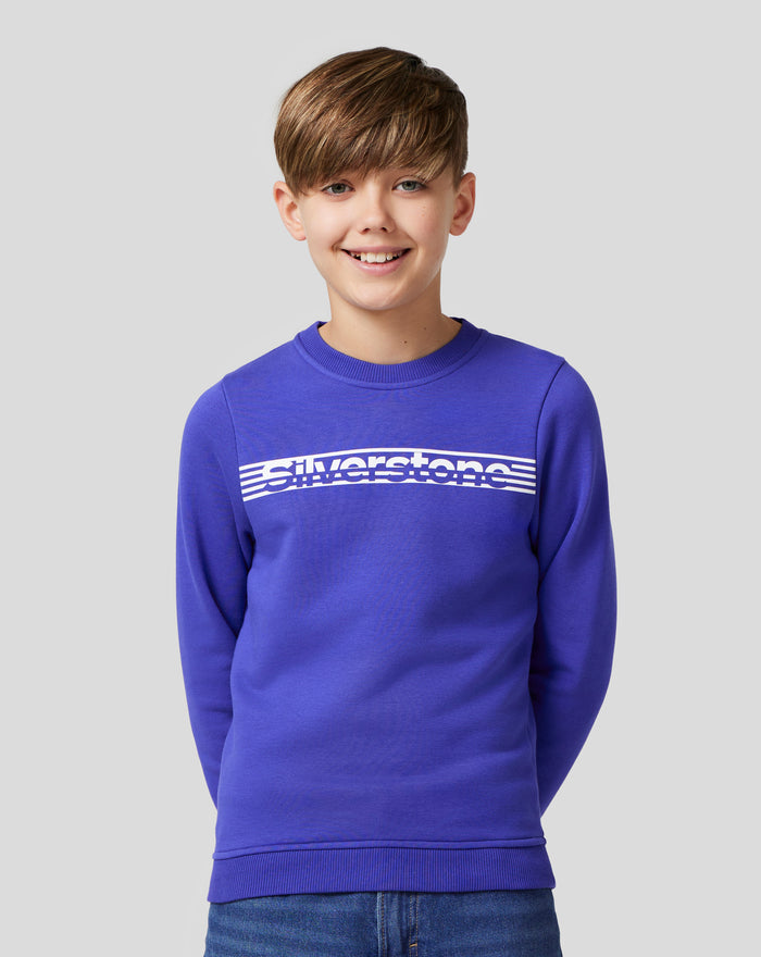 Front view of a smiling child in a royal blue Core Sweatshirt with chest graphic
