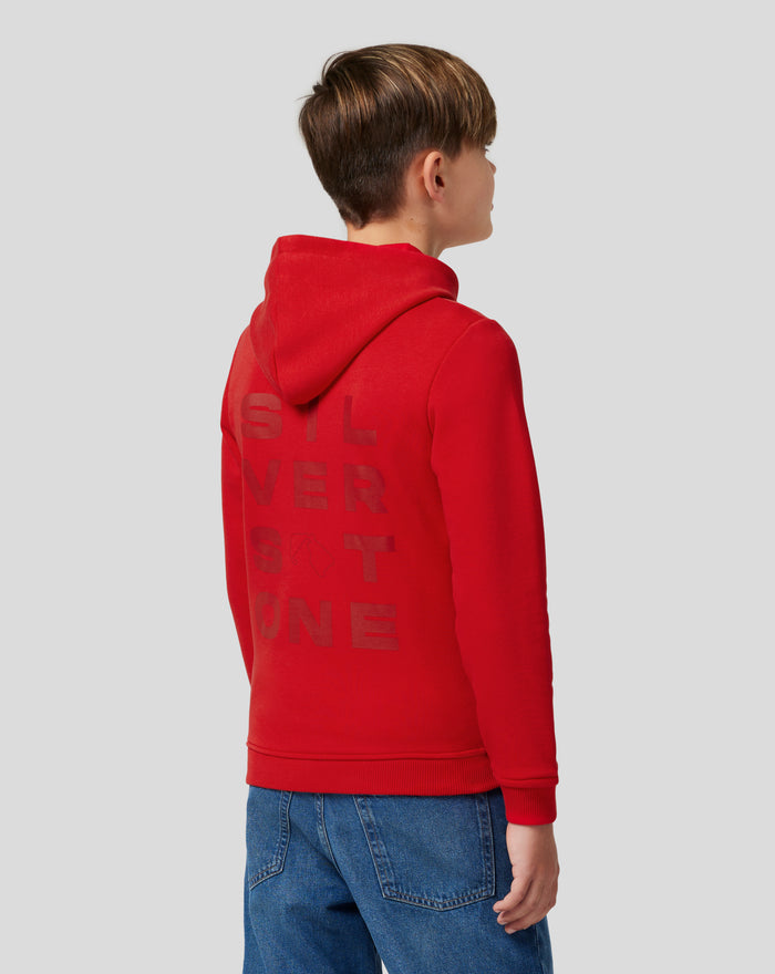 Back view of a junior red hoodie with a bold graphic on the back
