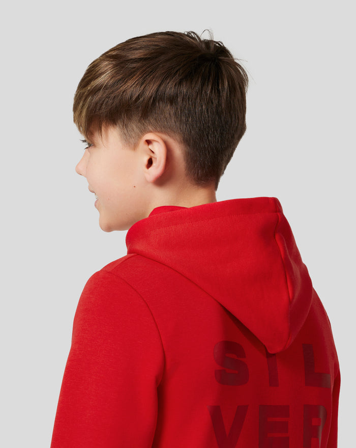 Back view of a red Junior Silverstone Core Hoodie showing bold vertical graphic on the back.