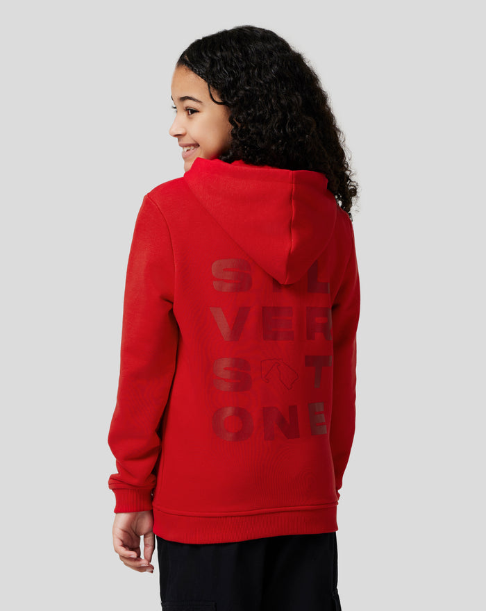 Back view of a junior red hoodie with a vertical graphic down the back