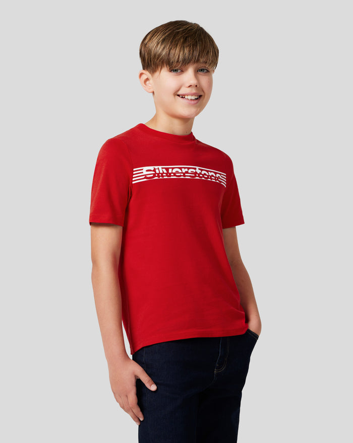 Boy in Junior Silverstone Core T-Shirt Racing Red with a white Silverstone logo across the chest