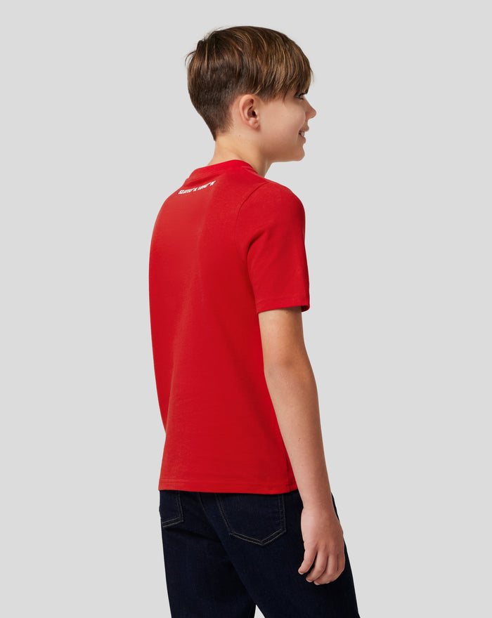 Back view of a child in a red Junior Silverstone Core T Shirt showing white coordinates on the upper back.