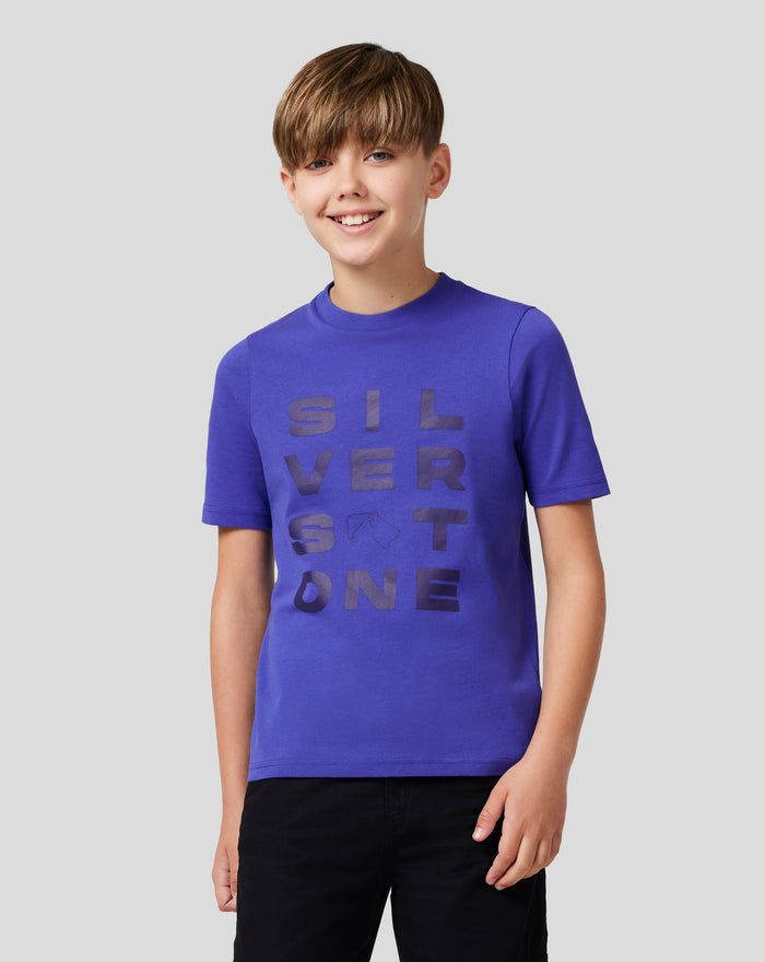 Front view of a smiling boy wearing a royal blue Junior Silverstone Core Graphic T Shirt against a light gray background.