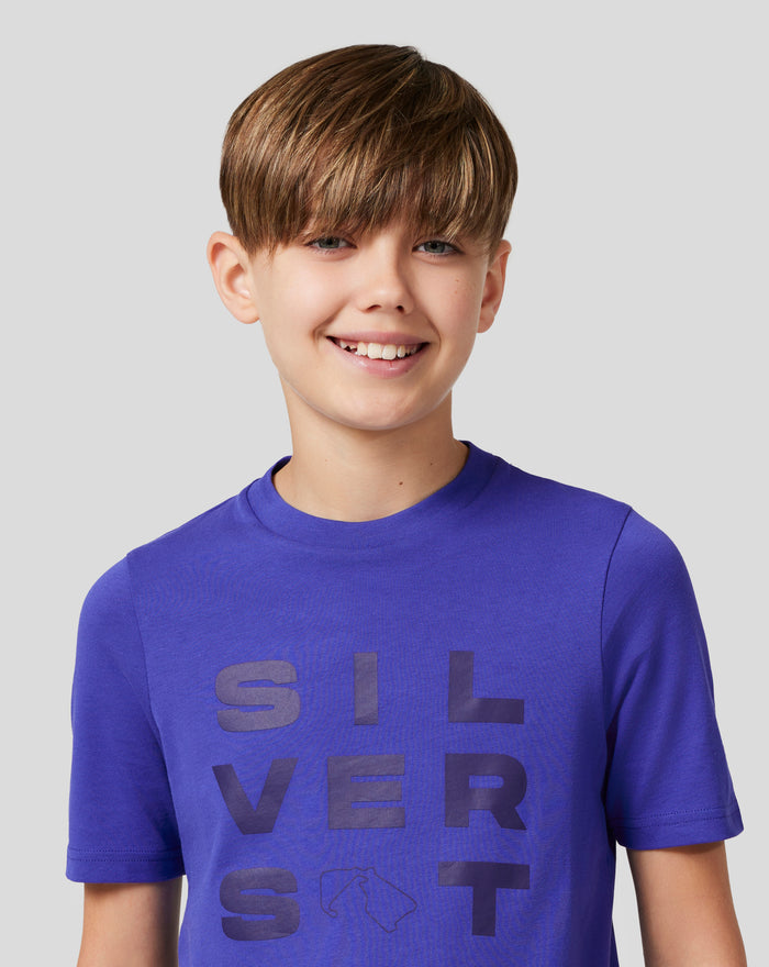Close up of the royal blue Junior Silverstone Core Graphic T Shirt with a large front print.