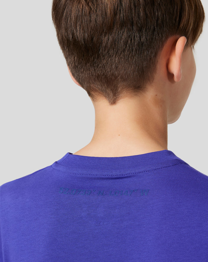 Back view of a child wearing a royal blue Junior Silverstone Core Graphic T Shirt