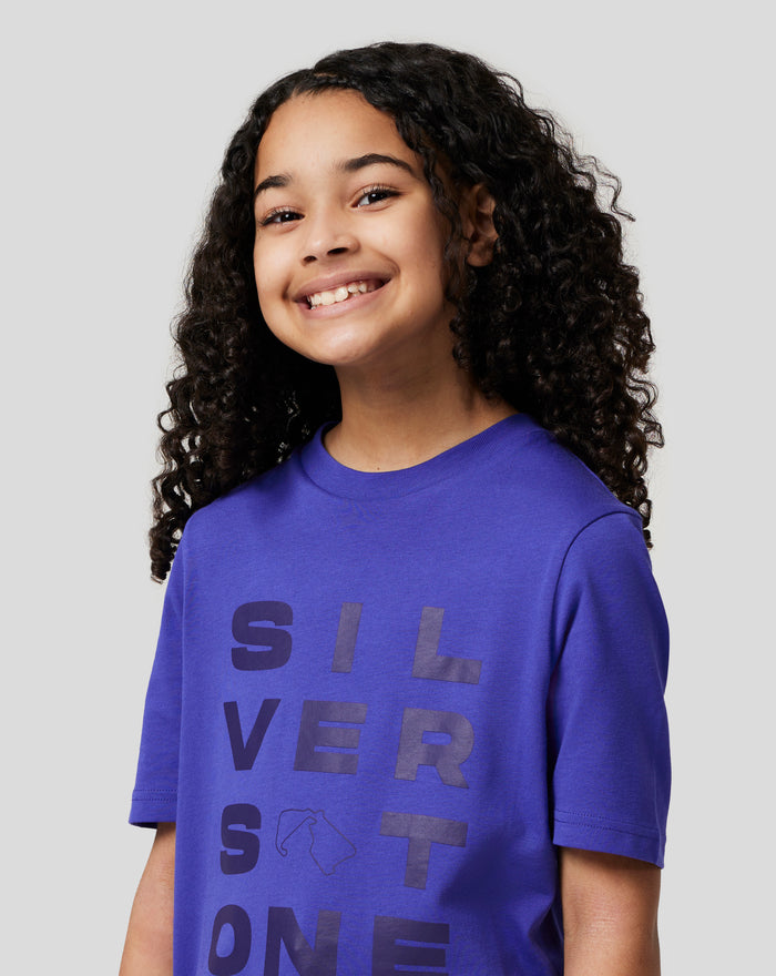Back view of a young person wearing royal blue Junior Silverstone Core Graphic T-Shirt showing a center back graphic