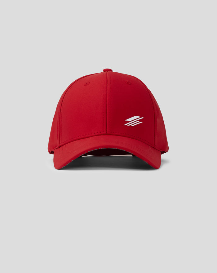 Back view of Junior Silverstone Core Cap Racing Red with white vertical branding on the back strap and a metal buckle