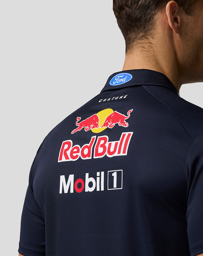 Back view of navy Oracle Red Bull Racing polo with large Red Bull and Mobil 1 logos across the back