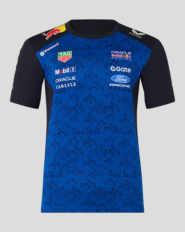Front view of blue Oracle Red Bull Racing Teamline Set Up T Shirt with sponsor logos across the chest