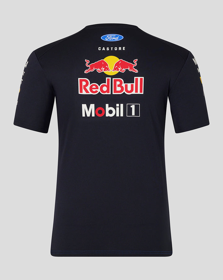 Back view of navy Red Bull Racing Teamline Set Up T Shirt with large Red Bull and sponsor branding on the back