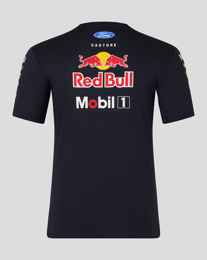 Back view of navy Red Bull Racing Teamline Set Up T Shirt with large Red Bull and sponsor branding on the back