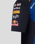 Back sleeve close up of navy Oracle Red Bull Racing Set Up T Shirt with sponsor logos such as Mobil Hard Rock Pirelli and Red Bull