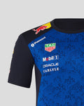 Close up of Oracle Red Bull Racing Set Up T Shirt in night sky blue with Red Bull logo on the shoulder and sponsor badges on the chest