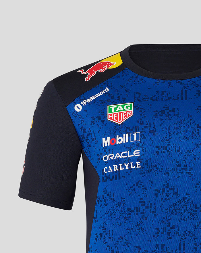 Close up of Oracle Red Bull Racing Set Up T Shirt in night sky blue with Red Bull logo on the shoulder and sponsor badges on the chest