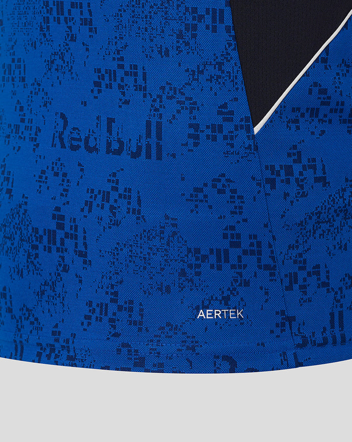 Blue pixelated camouflage fabric close-up with Red Bull branding and AERTEK label from the Set Up T Shirt