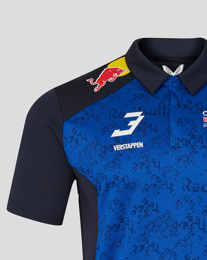Oracle Red Bull Racing polo in night sky with navy shoulder panels, Verstappen 3 logo on the chest and Red Bull insignia on the shoulder