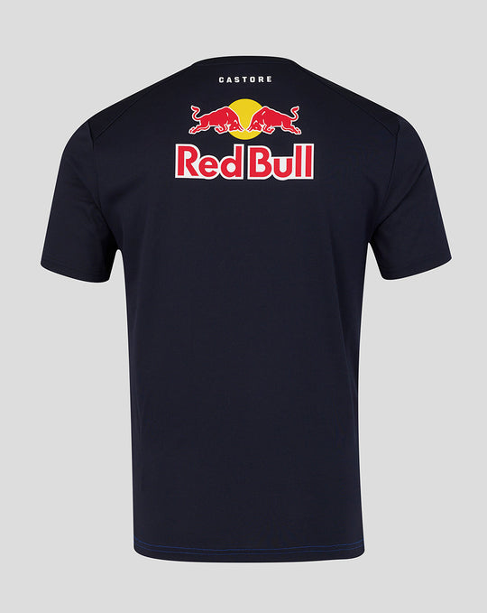 Back view of navy Red Bull Racing T shirt with large Red Bull logo across the upper back and Castore branding.