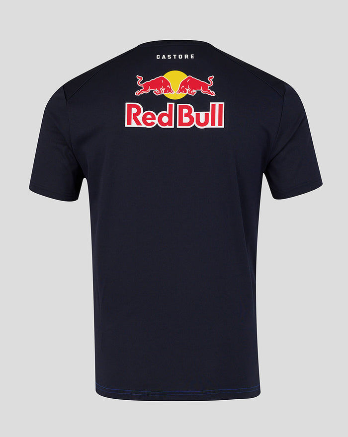 Back view of navy Red Bull Racing T shirt with large Red Bull logo across the upper back and Castore branding.
