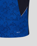 Close up of blue graphic Verstappen T shirt with digital camouflage pattern and large white number three.