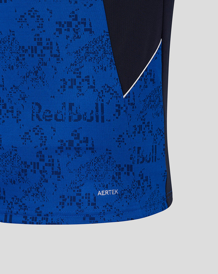 Close up of blue graphic Verstappen T shirt with digital camouflage pattern and large white number three.