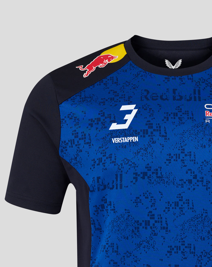 Detail of blue Verstappen graphic T shirt showing Verstappen name across the lower front with digital camo pattern.