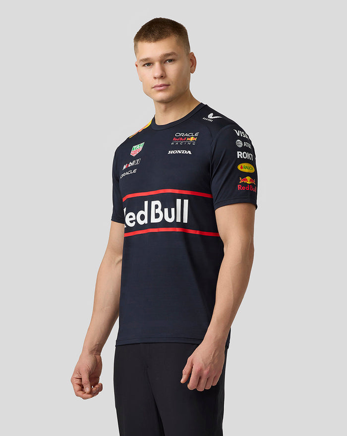 Model wearing night sky Set Up T-Shirt with large Red Bull graphic across the chest and sponsor logos on the sleeves