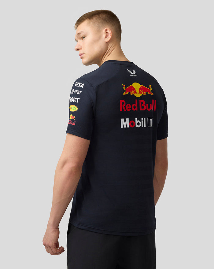 Back view of a man wearing the night sky Set Up T-Shirt with Red Bull and sponsor logos along the back