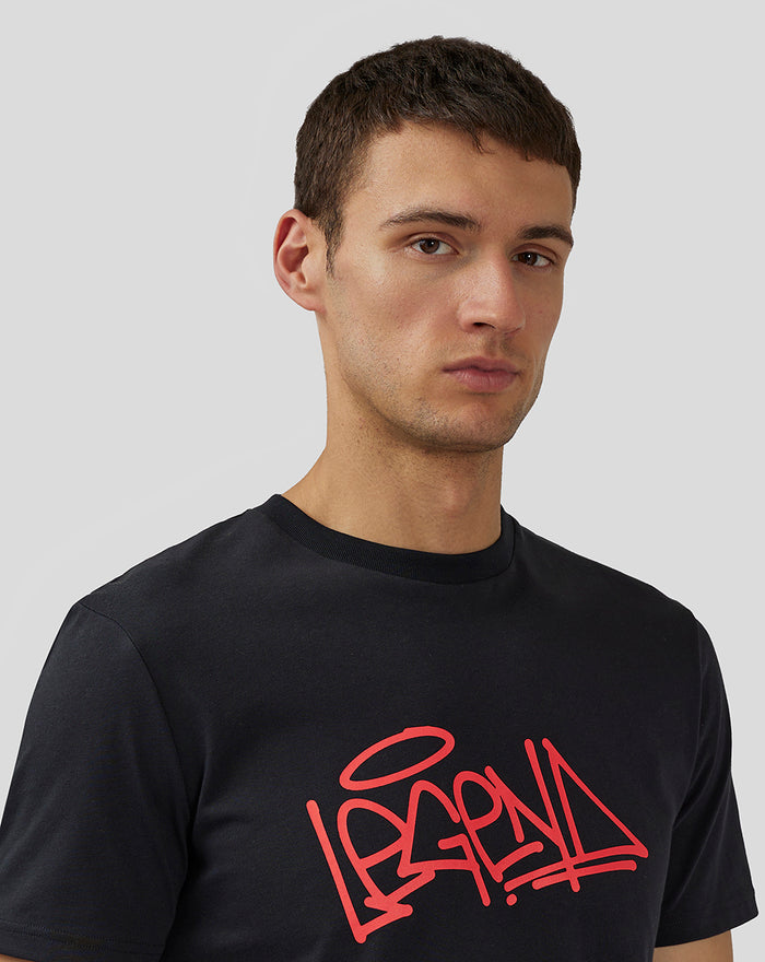 Front view of a black anthracite Silverstone Legend T-Shirt with a bold red graphic across the chest.