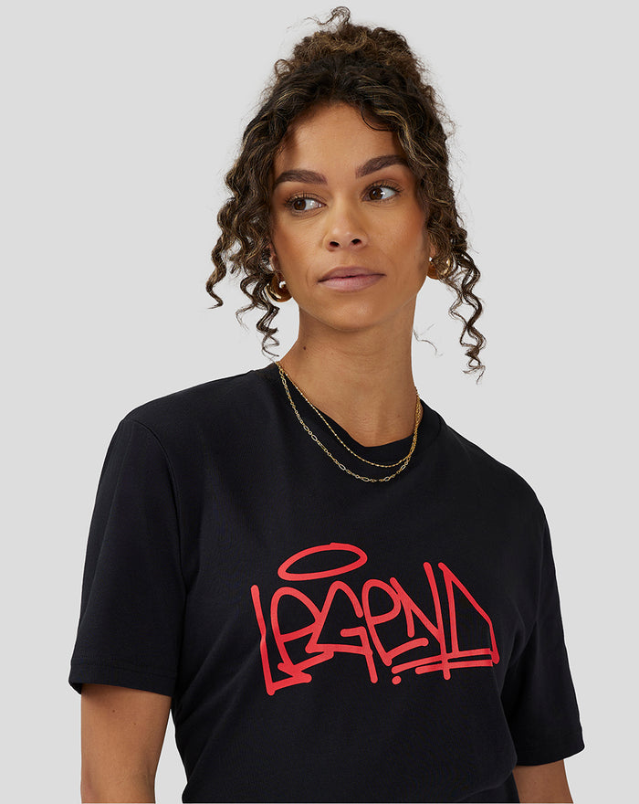 Model wearing unisex Silverstone Legend T-Shirt in anthracite with a red graffiti logo on the chest.